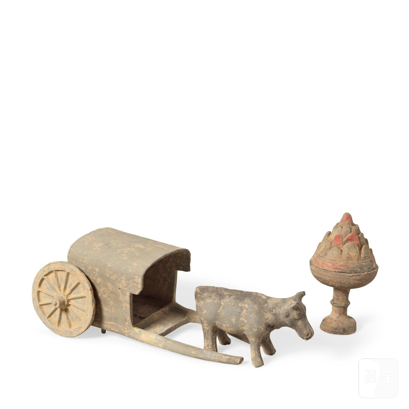 漢 陶牛車及彩繪博山爐 | A GREY POTTERY MODEL OF AN OX-DRAWN CART AND A PAINTED GREY POTTERY INCENSE BURNER AND COVER